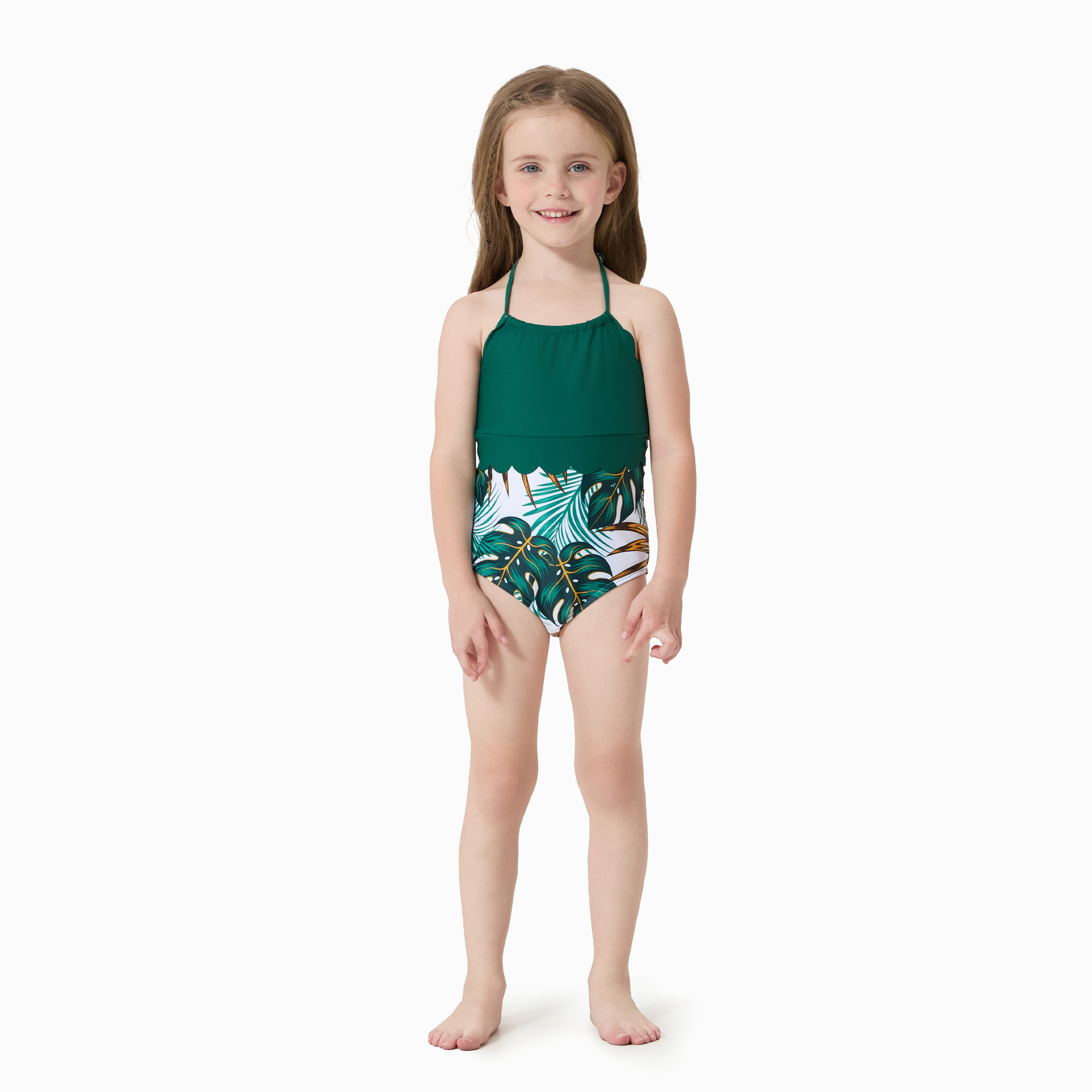 PatPat Family Matching Allover Plants Print Swim Trunks Shorts and V Neck Spaghetti Strap Splicing One-Piece Swimsuit