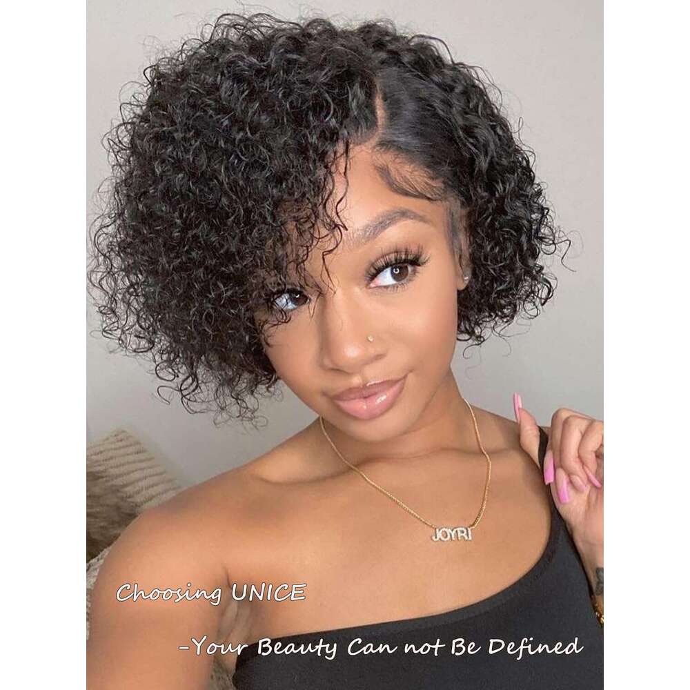 UNICE 10 inch Short Curly Beyond Basics Bob Human Hair Bye Knots Glueless Wigs Plucked Pre Cut 7x5 HD Lace Closure Ready to Go Wig Black Color