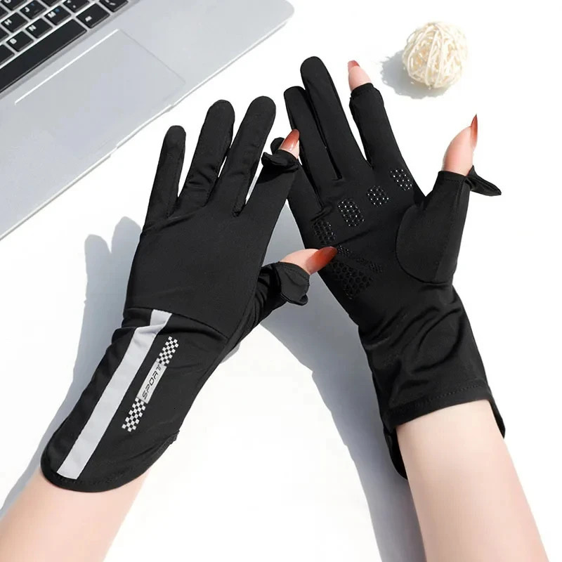 Summer Sunscreen Gloves Womens Thin Ice Silk UV Resistant Ruth Finger Touch Screen Driving Anti slip Breathable UPF 50 250427