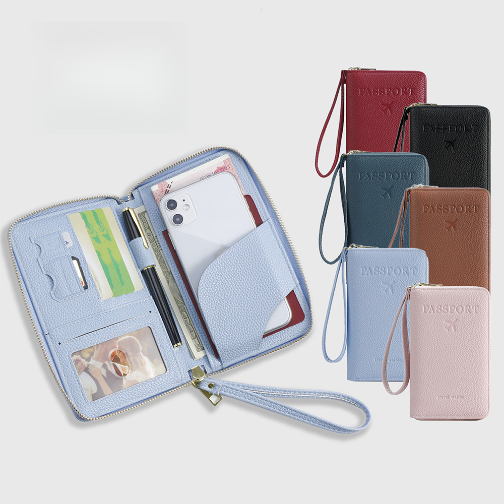 Designer Wallet RFID Lychee Patterned Passport Flight Ticket Storage Document Bag Multifunctional Travel Zipper Hand Held Passport Bag Luxury Wallet K
