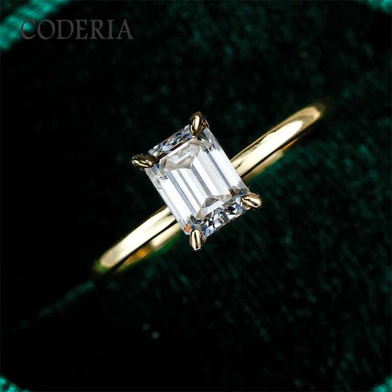 Pass Diamond Test 1CT Emerald Moissanite Ring Plated 18K Gold Women Wedding Jewelry 925 Sterling Silver Finger Band