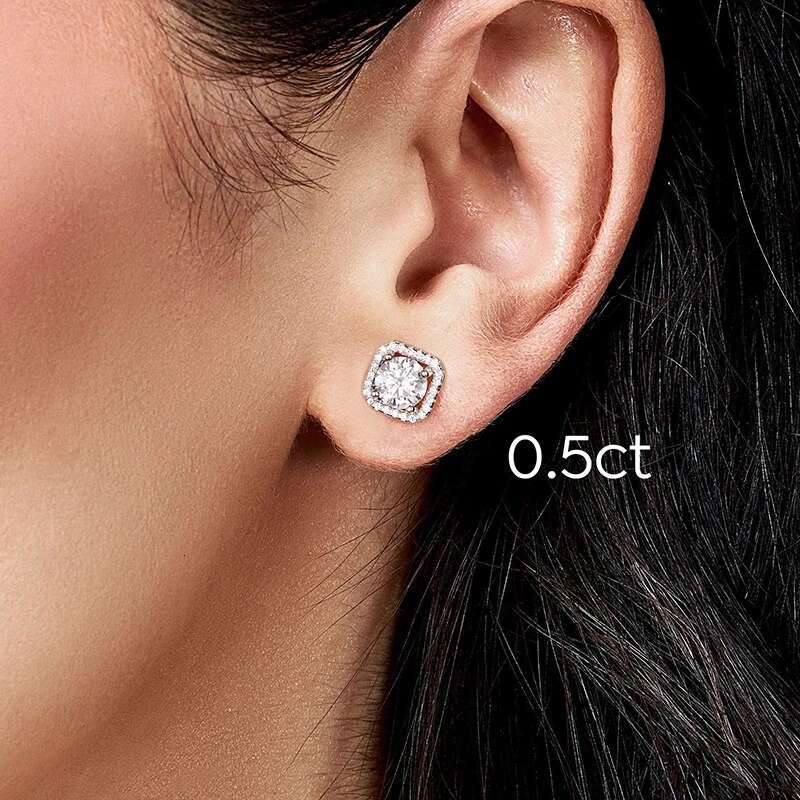 KNB 1CT Certified Moissanite Diamond Classic Square Halo Stud Earrings for Women 925 Sterling Silver Fashion Trendy Fine Jewelry