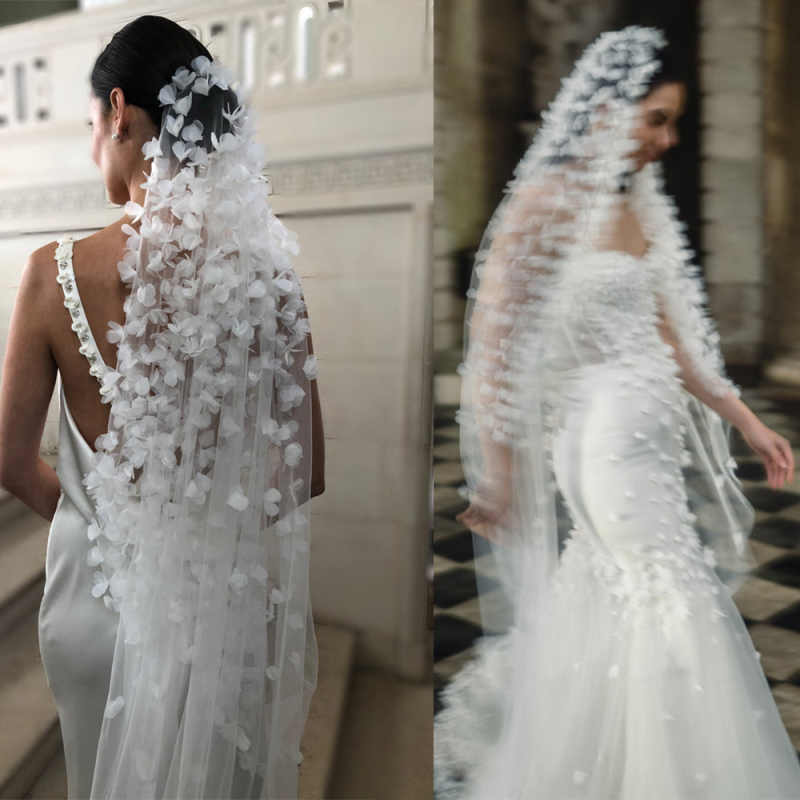 Wedding Veils Lace Applique Hand Made Flowers Long Cathedral Length One Layer Tulle Custom Made Bridal Veil Accessories