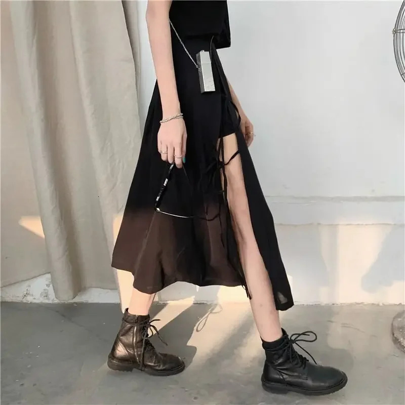 Vintage Dark Gothic High Split Mid-Calf Skirts Women Elegant Fashion Party Club High Waist Femme Bottom Streetwear Goth Skirt 250428