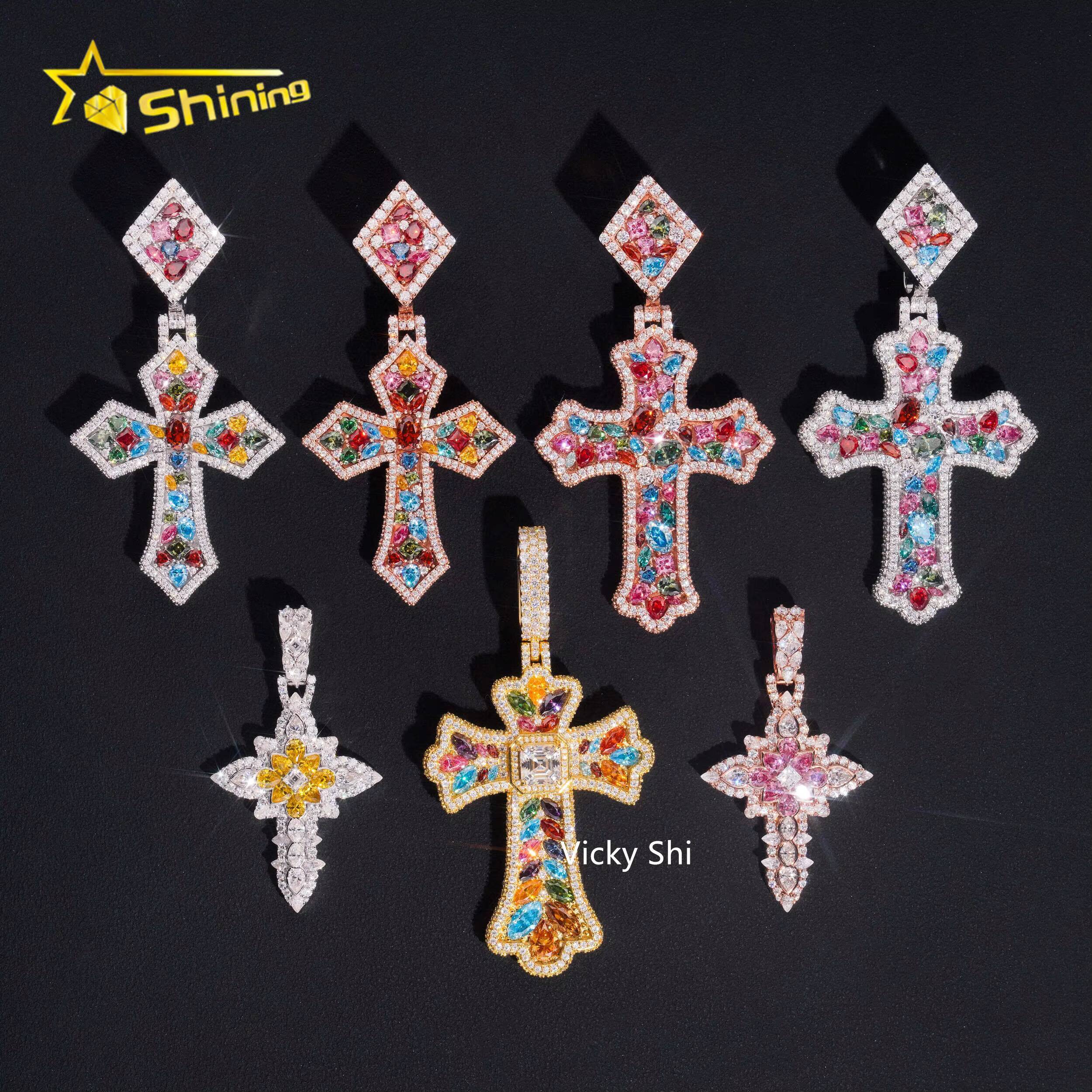 Luxury Multi Color Moissanite Cross Pendants Collection VVS Iced Out Moissanite Pendant Men Hip Hop Charm Pendant Jewelry