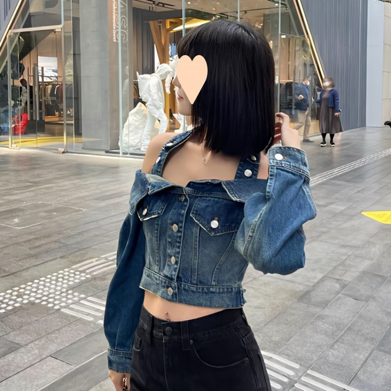 Halter Slash Neck Off Shoulder Denim Jackets Autumn Grunge All Match Ins Y2k Chaqueta Streetwear Trendy Women Jeans Cropped Coat 240807