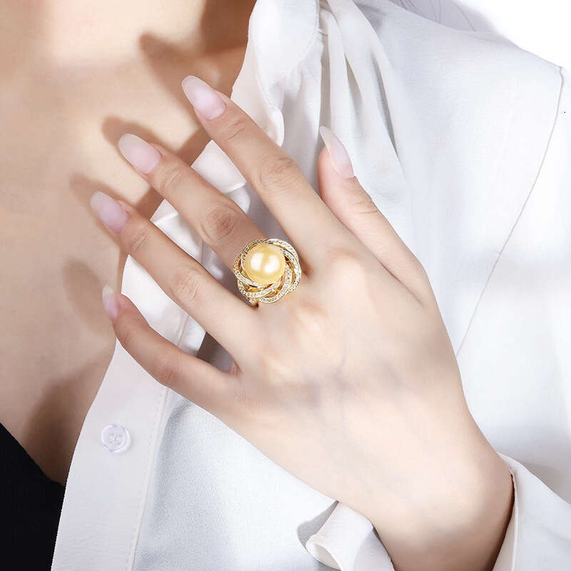 Huabi Jewelry Copper Plated True Gold With Mother Of Pearl, Lace Style, Charm, Dia Inlaid Ring, Female 14Mm