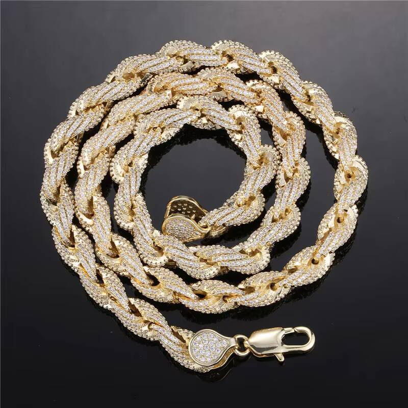 Fashion Trendy Hip Hop Chain Jewelry 8mm Mens Real Silver Gold Plated Twist Chain Iced Out Full of Diamond Rope Chain Necklace
