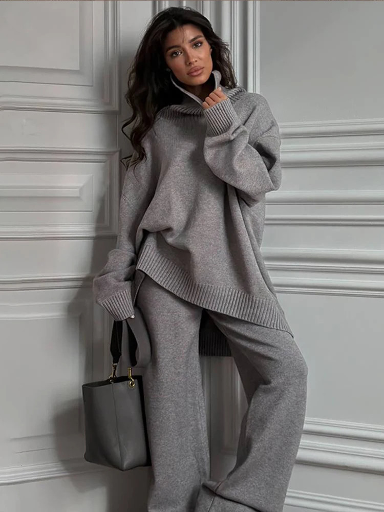 Women Oversize Slouchy Knit Co-ord Set Turtleneck Asymmetric Sweater Wide-Leg Pants 2025 Autumn Cozy Suit Daily Casual Lady Sets 251111