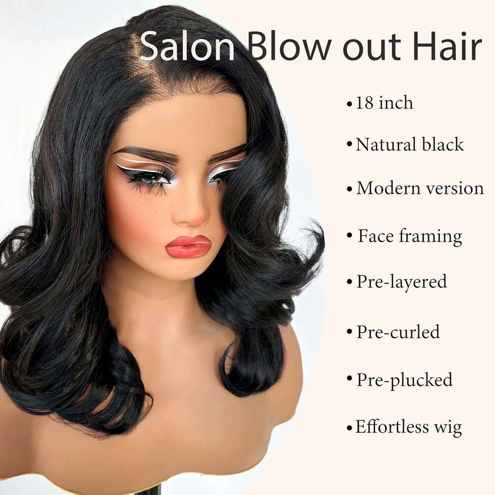 SOKU 13X6 Body Wave Layered, 18 Inch Short Wavy Glueless Pre Plucked, Natural Black Synthetic Lace Front Wigs for Women, Ready to Wear with Tiny Knots