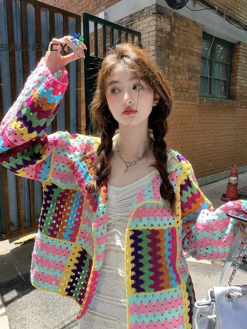 SALIENCY Colorful Crochet Knit Hollow Cardigan Sweater Jacket Women Spring Top Loose Short Knitwear fashion clothing women