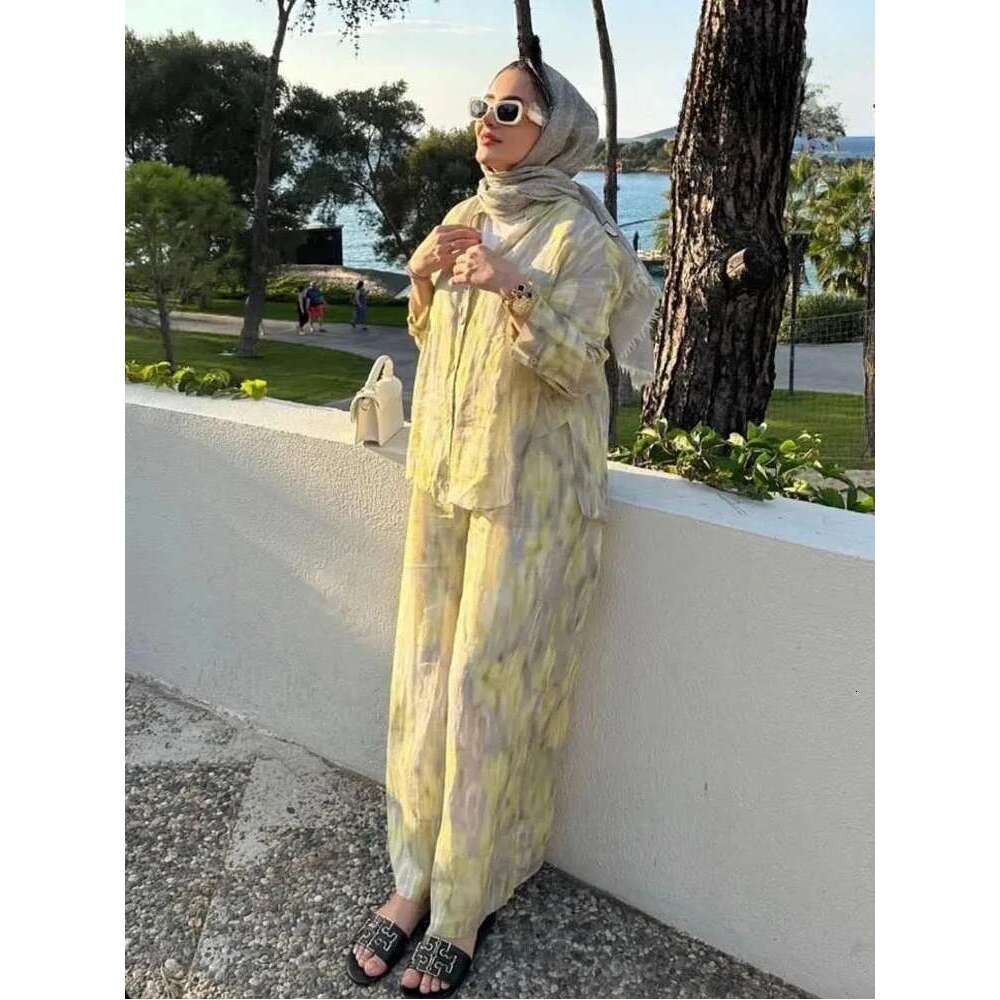 ZABA Women's Tie-Dye Printed Set Lapel Asymmetric Button Long Sleeve Shirt And Casual High-Waisted Loose Wide-Leg Trousers