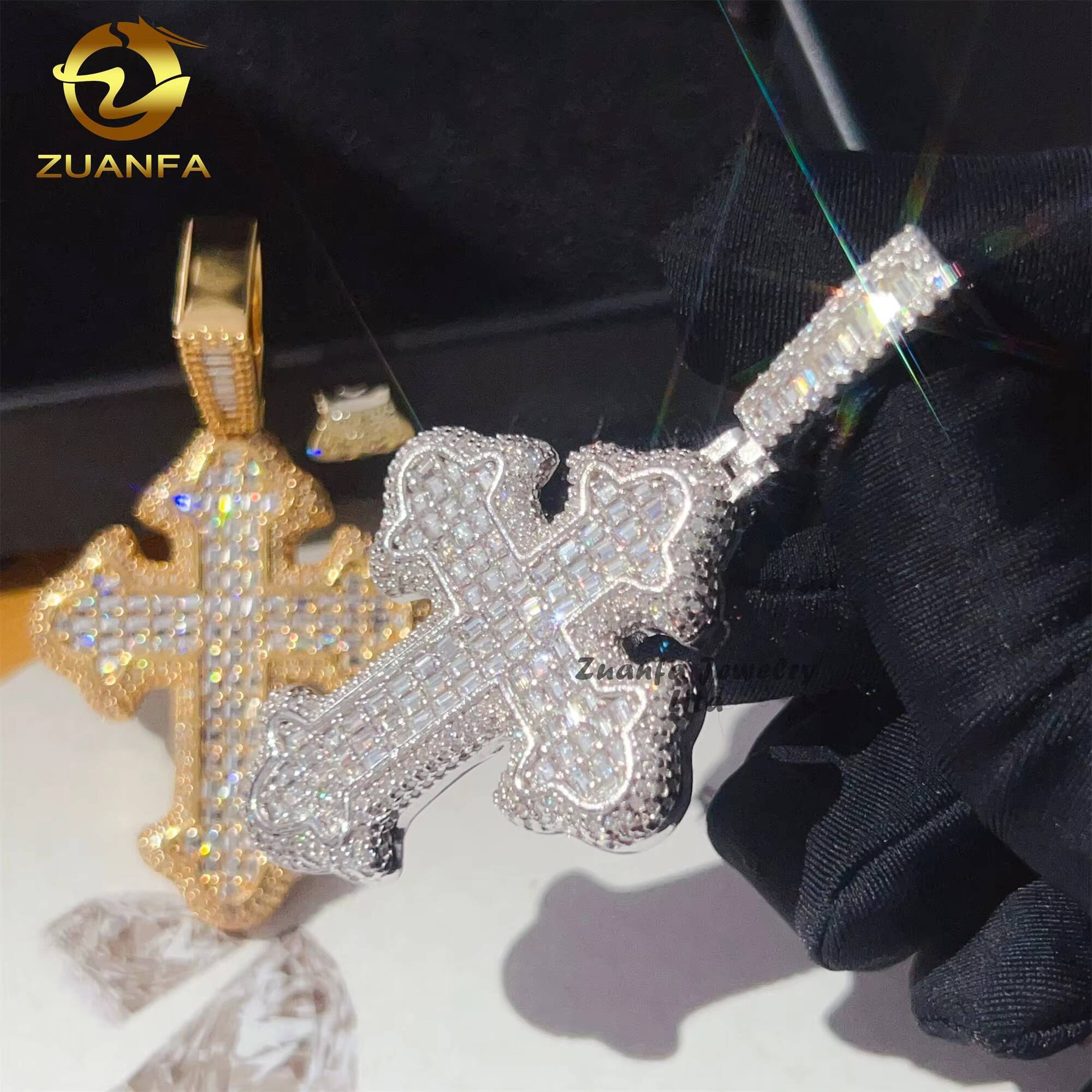 High Quality Bling Charm 925 Sterling Silver Baguette VVS Moissanite Diamond Cross Pendant for Necklace