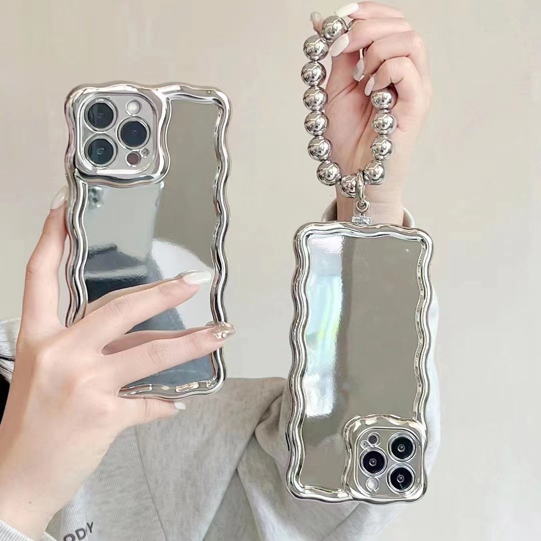 Electroplated Wave Mirror Phone Case iPhone 14/13 Pro Max Compatible with Apple 12 Bracelet Heart Stand Protective Case