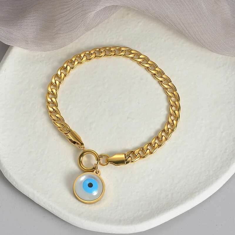 2024Fashion Trendy Blue Eye Pendant Necklace Bracelet Set Simple Stainless Steel Gold Color Jewelry For Women Gift Free Shipping