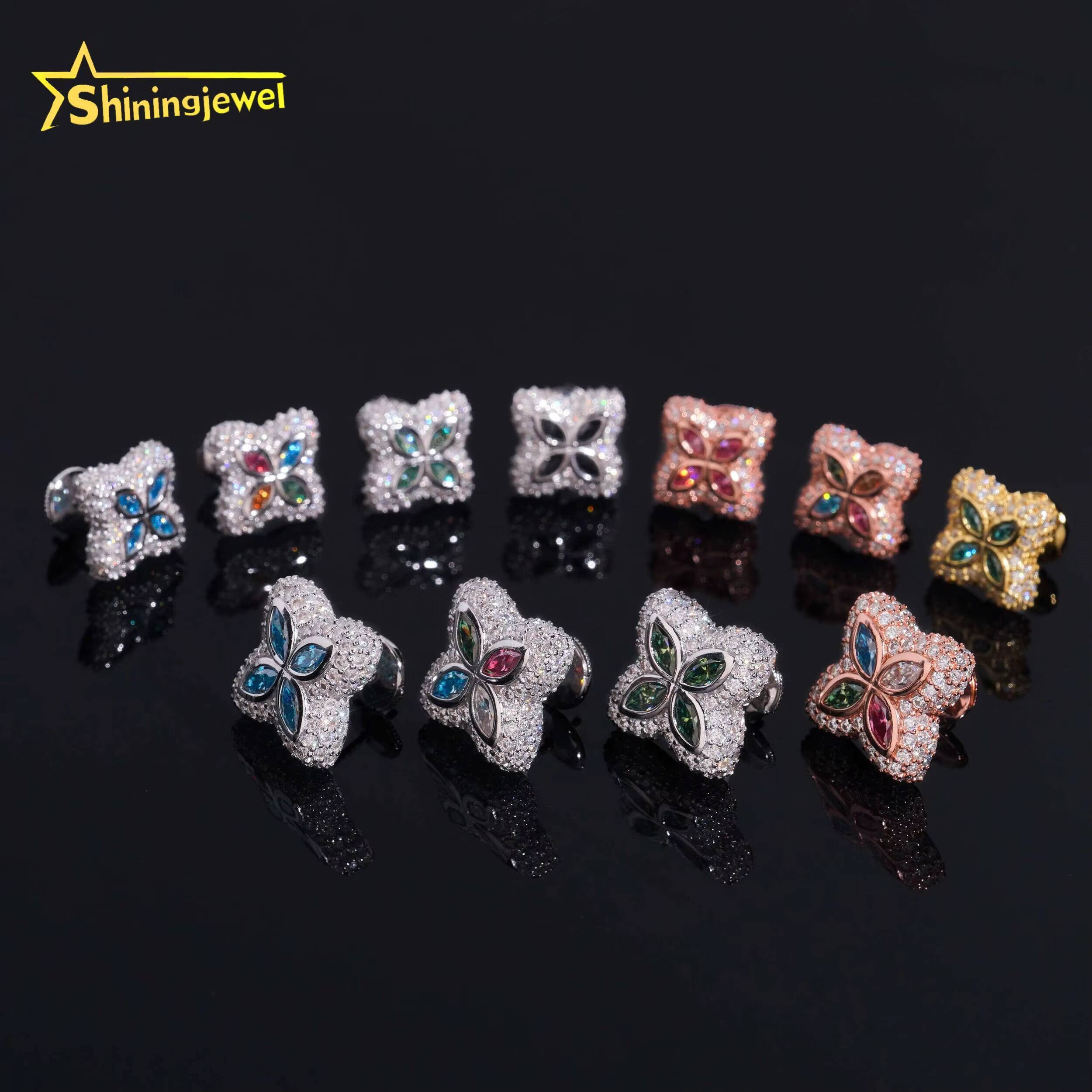 925 Sterling Silver Colored Clover Earrings Moissanite Screw Back Fine Jewelry Men Women Iced Out Moissanite Earrings Daily Wear