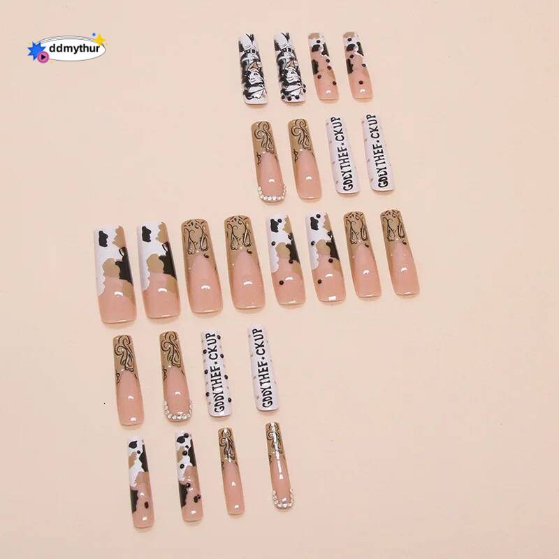 Simple Y2K Long Coffin French Ballerina Letter Design False Full Cover Artificial Nails Press On Valentine's Day CF36 ddmythur