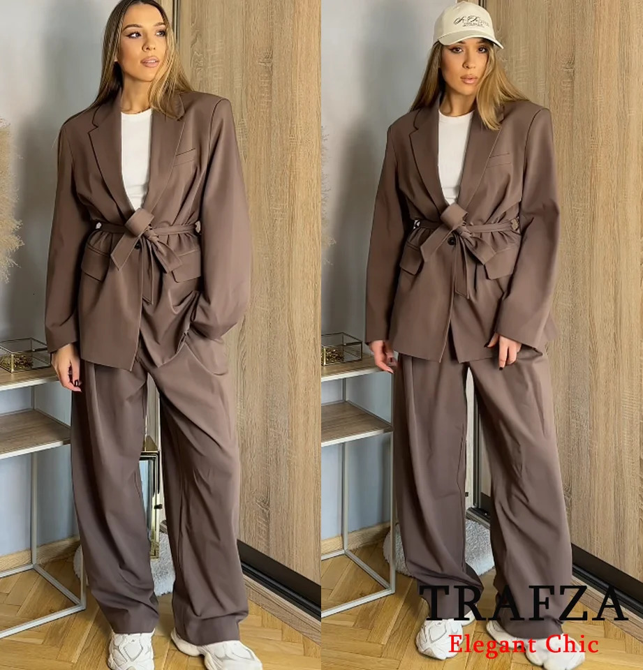 TRAFZA Womens Elegant Loose Set Brown Pocket Belt Sportswear Custom Pants Spring French Romantic 250418