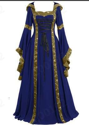 European and American medieval retro hooded dress with square collar, lace up, flared sleeves, large swing skirt, 2025 new casual fashion trend clothi