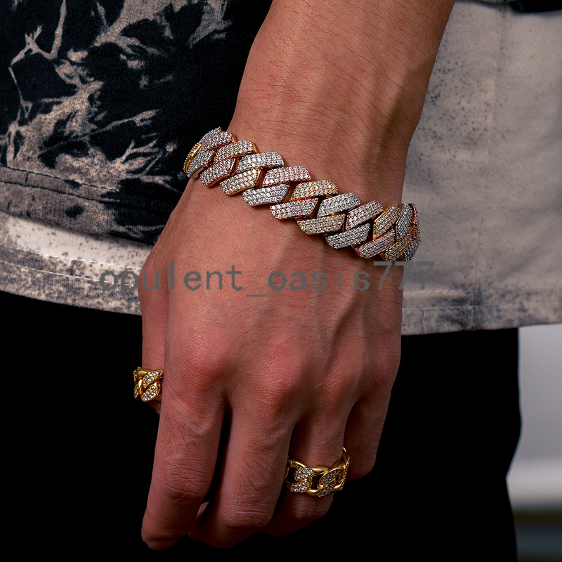 19mm Hiphop Bracelet 2 Tone 3 Rows moissanite Stone Box Buckle 14kt 18k Gold Plated Miami Cuban Link Bracelet for Men