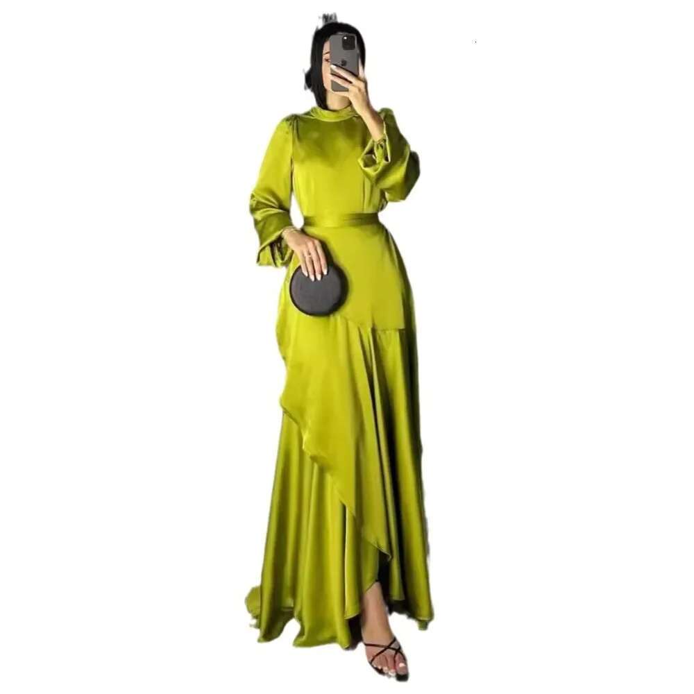 2025 New Fashion Muslim Women's Satin Solid Color Gown With Lace Hem And Belt Large Swing Cross-Border Fashionable Elegant Dress