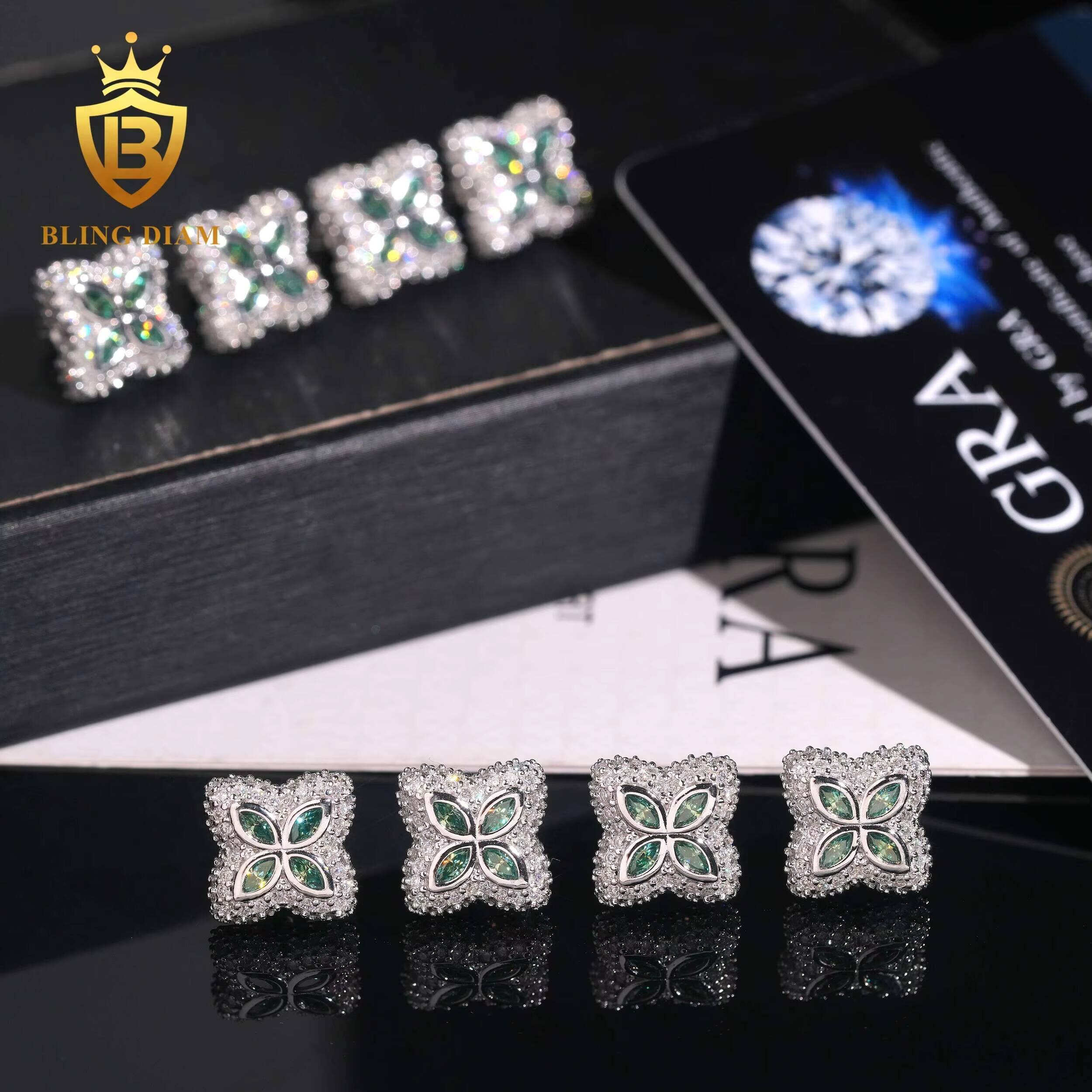 Hot Sale Fashion HipHop Olive Green Moissanite Four-Leaf Clover-Shaped Earring 15mm Diamond Earrings 925 Sterling Silver Earring