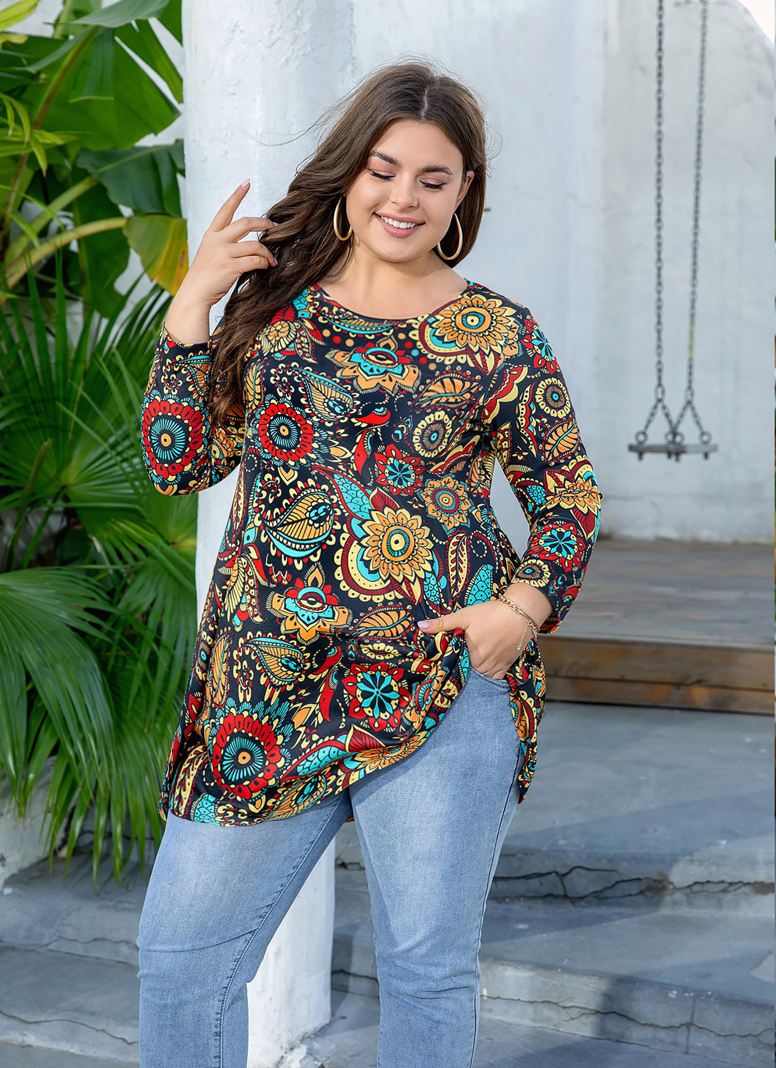 Womens Tunic Tops 3/4 Sleeve Plus Size Crew Neck Swing Flare Loose Fit T-Shirt Blouses to Wear with Leggings Orange Floral Leaf