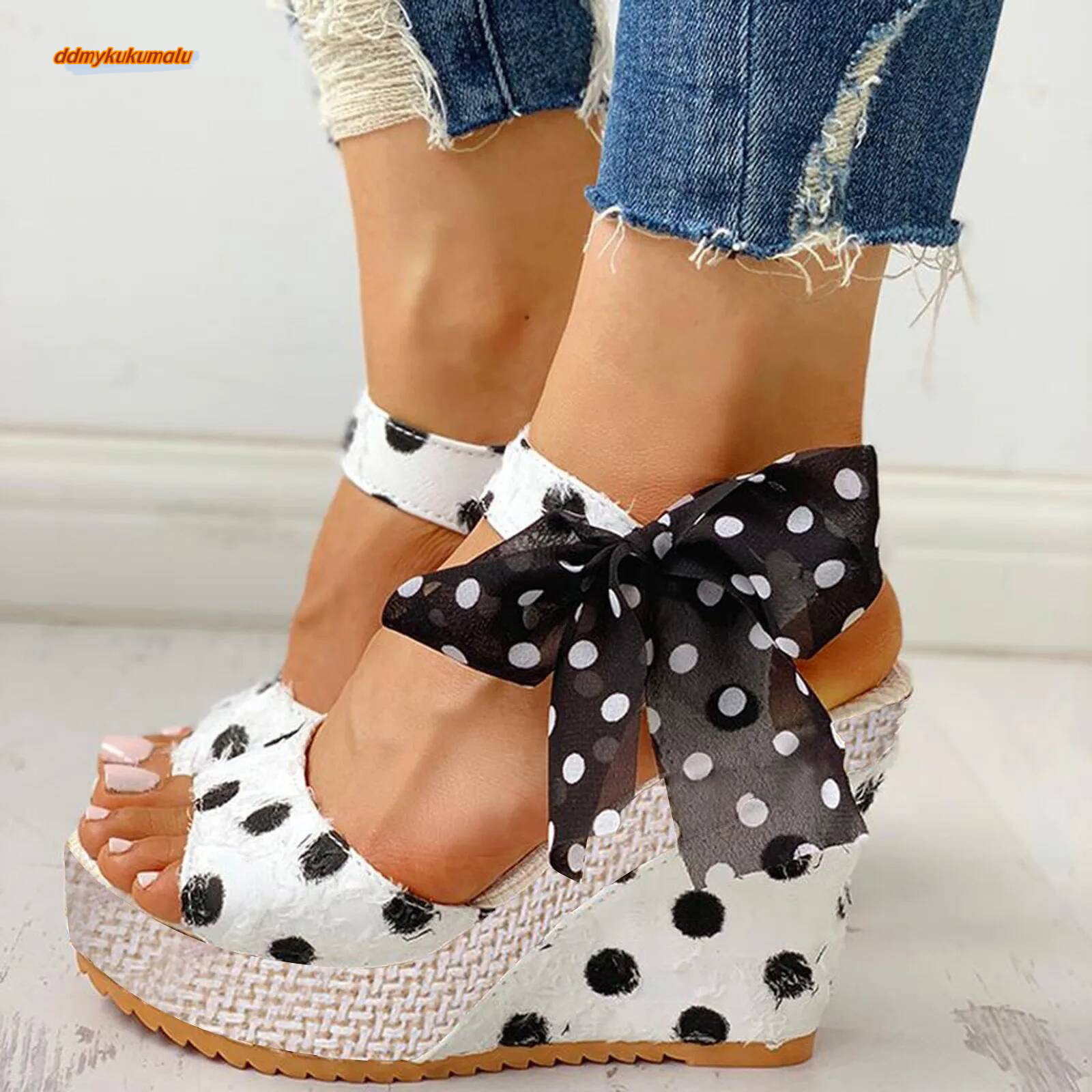 2025 Women Polka Dot Lace Up Bowknot Casual Open Toe Wedges Summer Sandals Party Platform High Heels Shoes ddmykukumalu