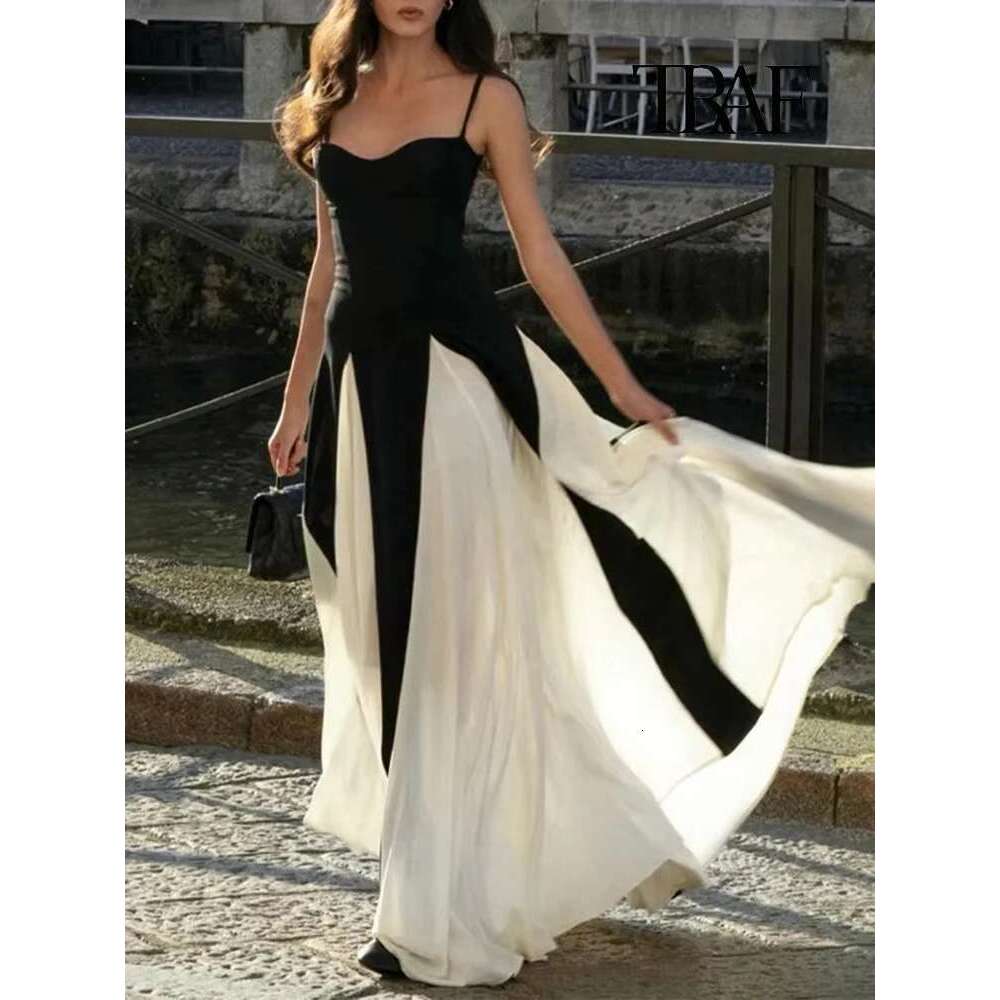 TRAF Women Fashion Pleated Ruffle Hem Lace Bustier Backless Halter A-Line Dresses Sexy Lady Maxi Beach Party Gowns