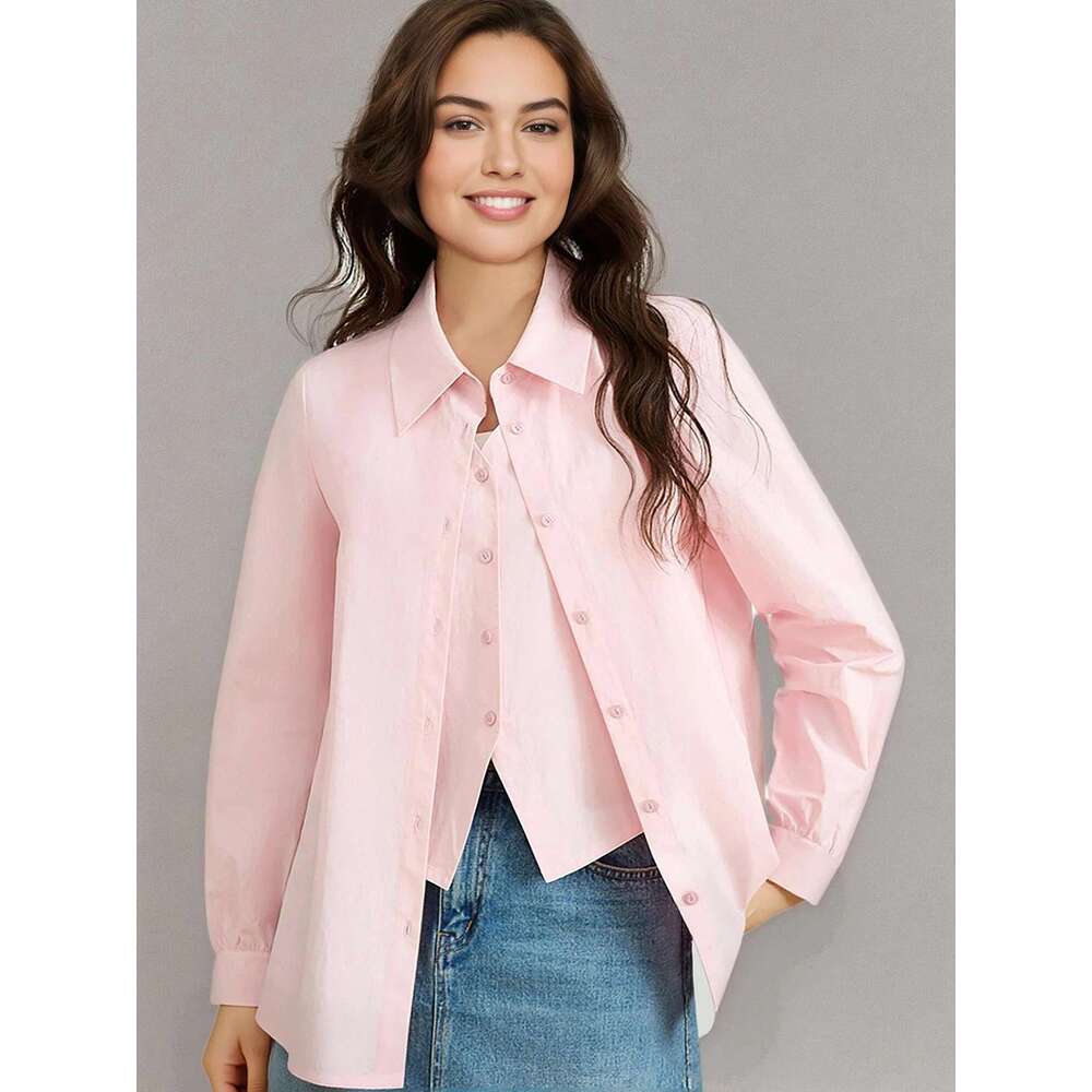 DUSHU 100% Cotton Women Pink Blouse Tops Fake Two Design Polo Neck Long Sleeve Top 2025 Spring Casual Shirt 25Ds81122
