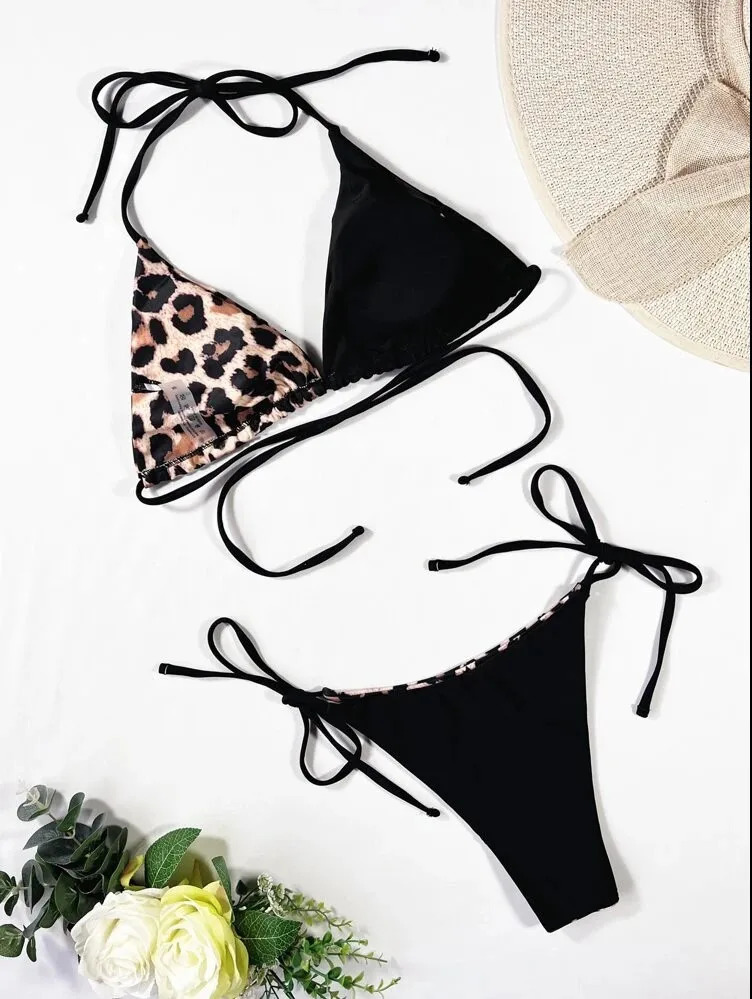 Ladies leopard print contrasting bikini set comfortable colored lace up swimsuit perfect bikini suitable for beaches and swim 250428