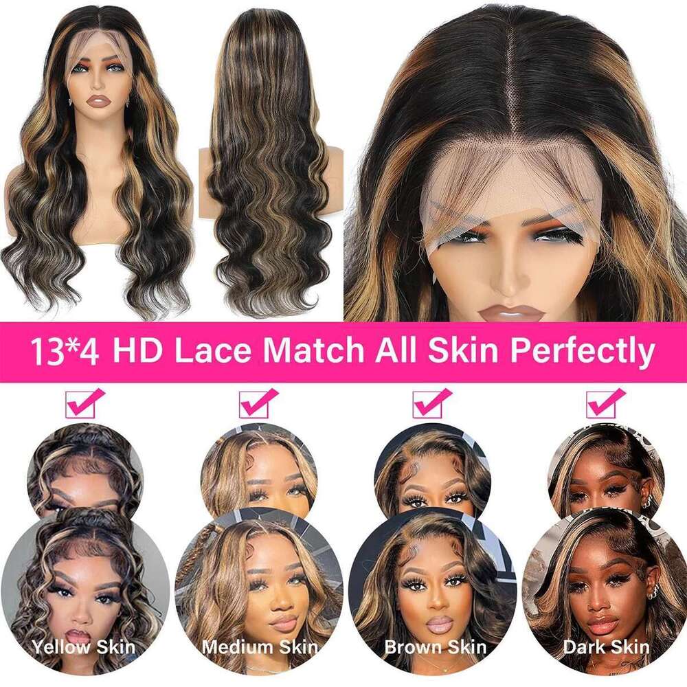 1B/27 Body Wave 13X4 Lace Frontal Highlight Wig Brazilian 200 Density 30 Inch Ombre Blonde Colored Human Hair Wigs