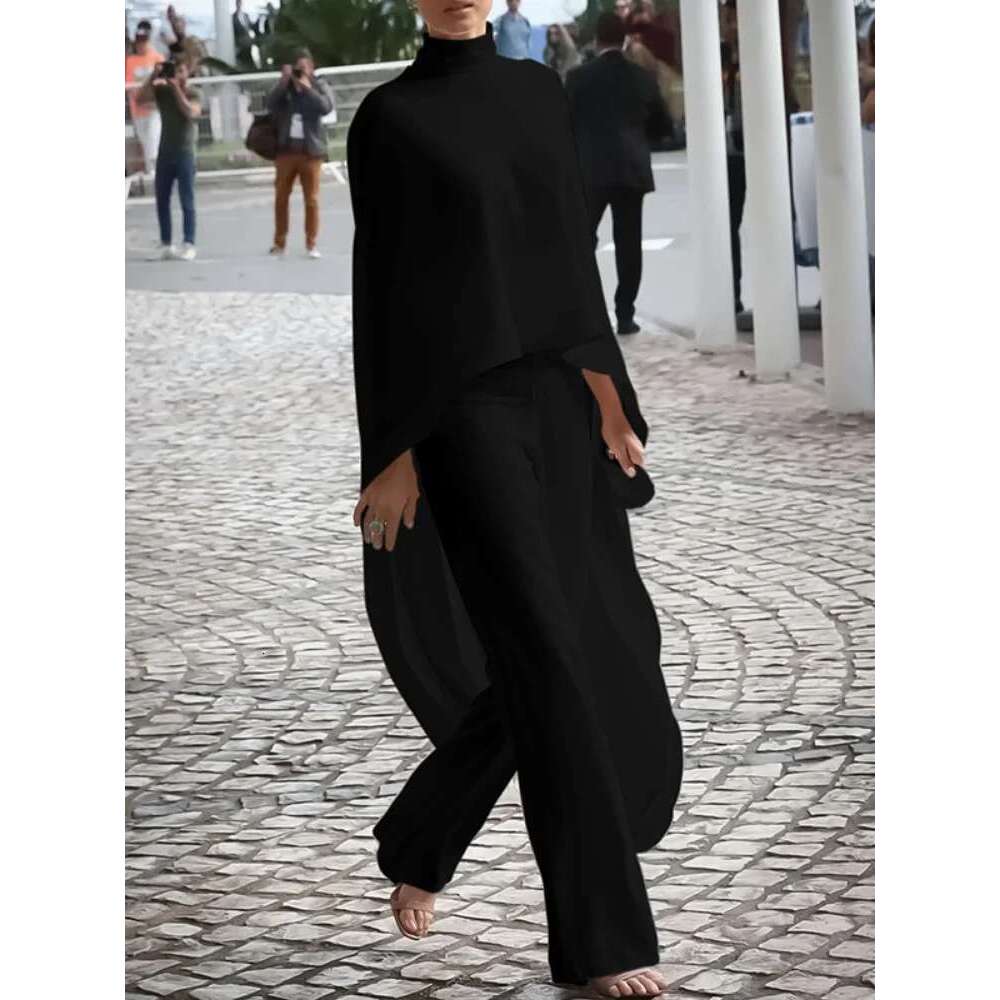 Modigirl Women's White Two Pieces Set 2024 Autumn High-Neck High-Low Loose Tops & Wide Leg Pants Suits Streewear Black