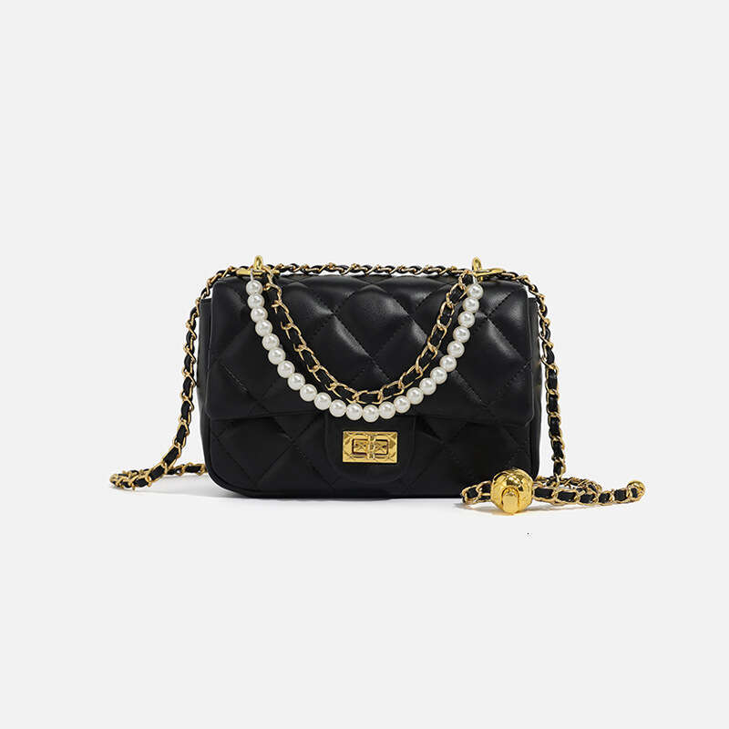 2024 summer new niche classic diamond grid embroidery thread small square bag, fashionable pearl chain single shoulder crossbody women's bag