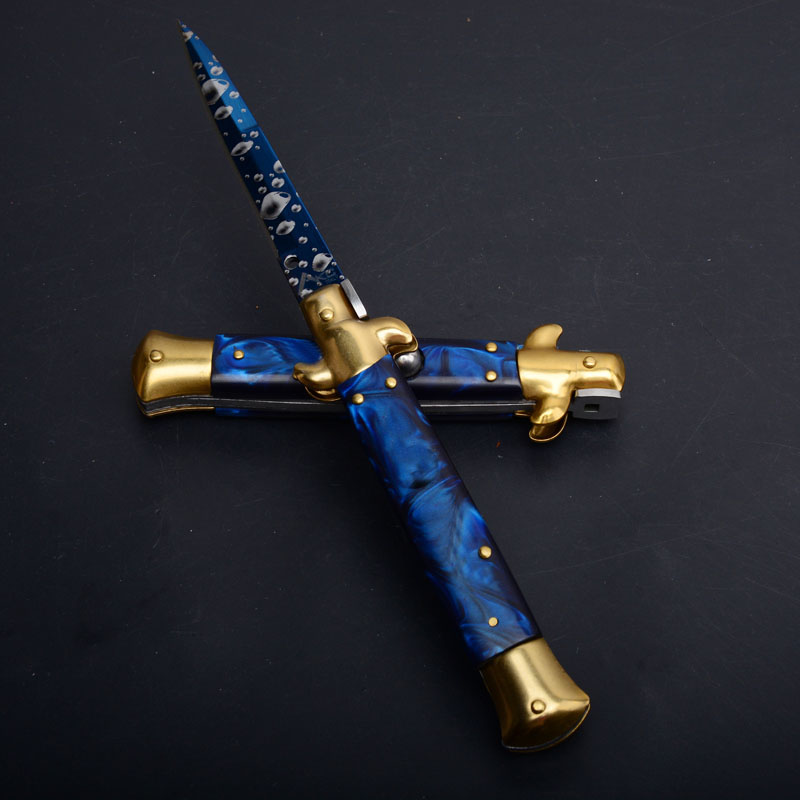 3Models 9'' Inch Gold Stiletto Mafia Folding Knife 3.77'' 440C Blade, Acrylic Handles