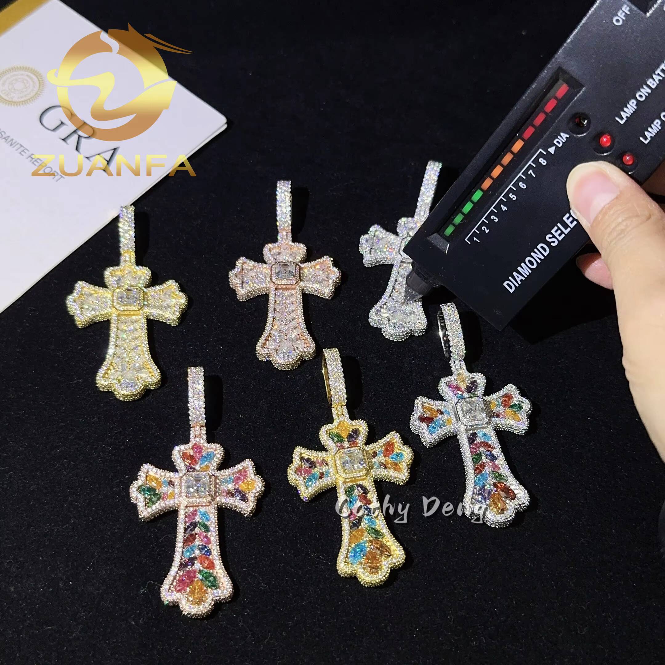 Read to Ship Hip Hop Jewelry Cross Pendant Muti Color Moissanite 925 Silver Iced Out Cross Pendant Pass Diamond Tester