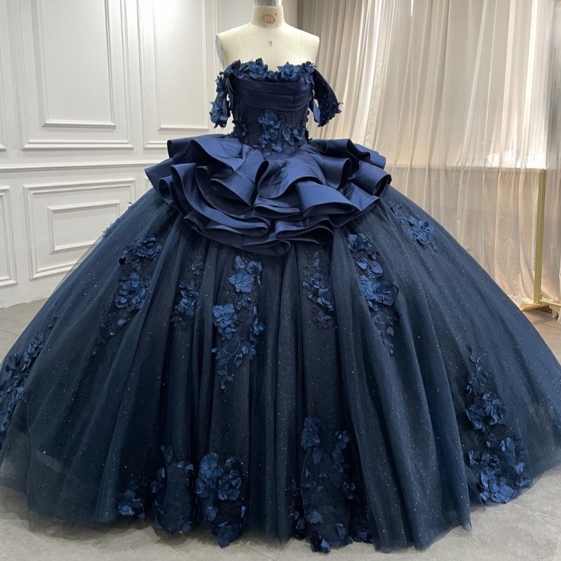Navy Blue Princess Quinceanera Dresses Off Shoulder Flower Beading Tull Corset Sweet 16 Dress Ball Gown Vestidos 15 Anos
