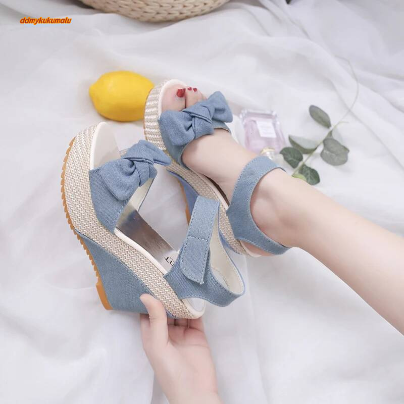 Brand New Ladies Platform Denim Fashion Bow Mixed Colors Wedges High Heels Women's Sandals Casual Party Woman Shoes ddmykukumalu