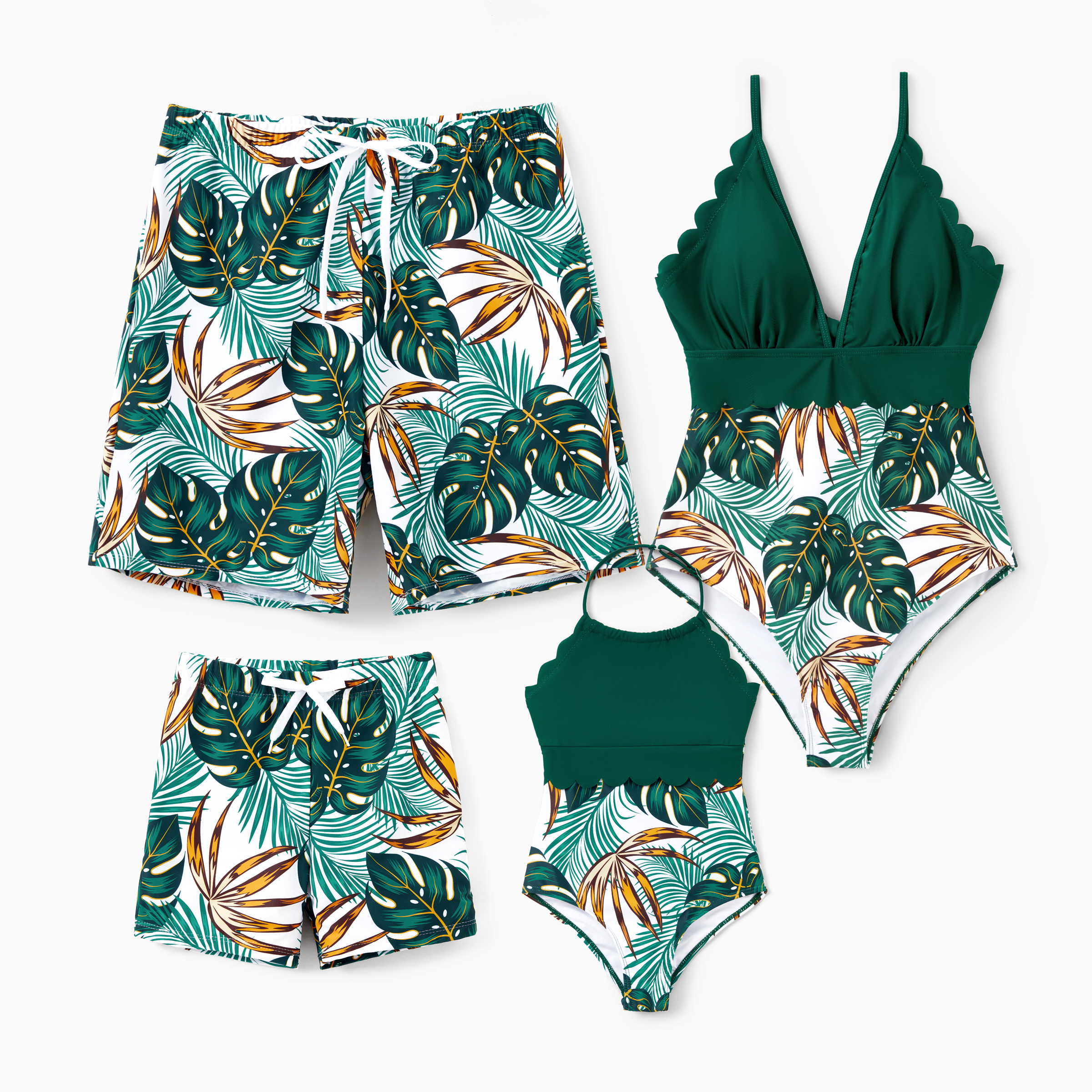 PatPat Family Matching Allover Plants Print Swim Trunks Shorts and V Neck Spaghetti Strap Splicing One-Piece Swimsuit