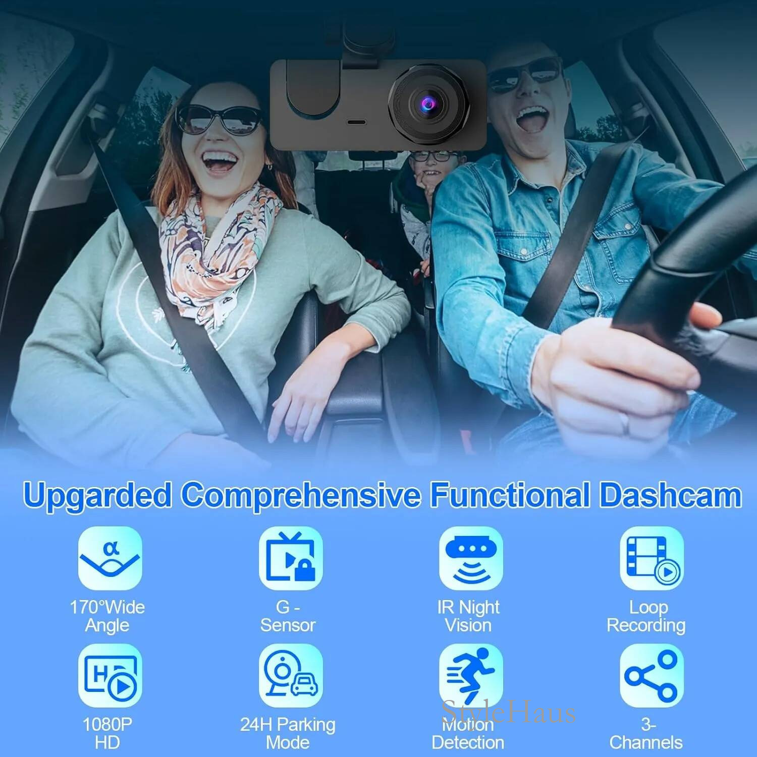 1080P HD Car DVR 3 Channel Dash Cam Front and Rear Inside Auto Camera Video Recorder 170 Wide Angle IR Night Vision Loop Recording Motion Detection 24