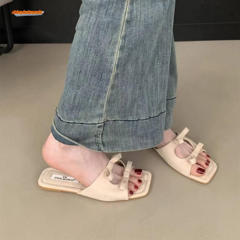 Fashion Butterfly-Knot Ladies Flats Female Square Toe Summer Beach Slides Slippers Sandals Shoes For Women ddmykukumalu