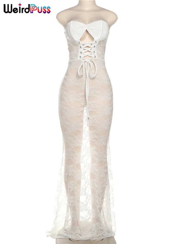 Weird cat sexy party dress womens mesh patchwork work strapless shirt hollow Coquette banquet elegant summer trend Maxi Bodycon W250430