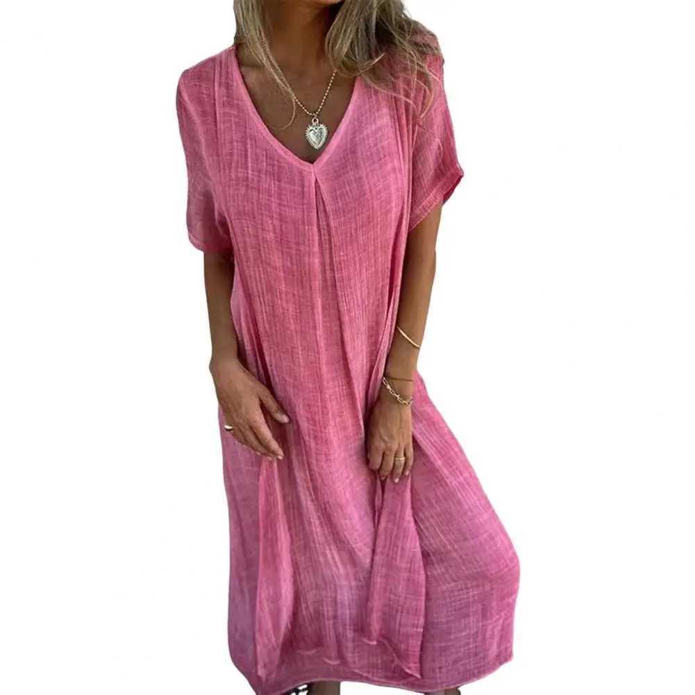 2024 Bohemian style cotton linen loose dress womens V-neck dress retro straight beach dress soft and breathable long dress W250430