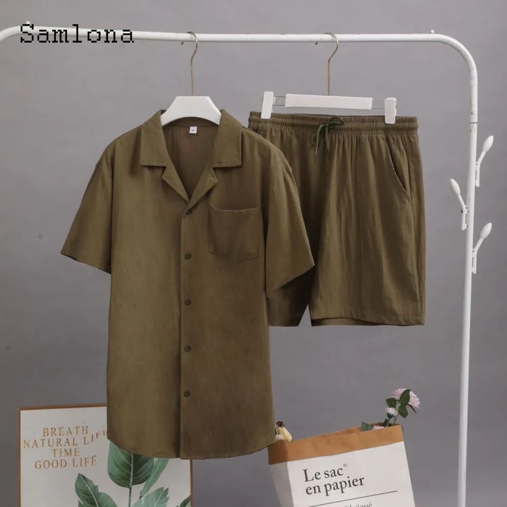 Plus Size 3xl mens casual linen two-piece set Western style fashion shirt and white shorts set mens basic track set 250425