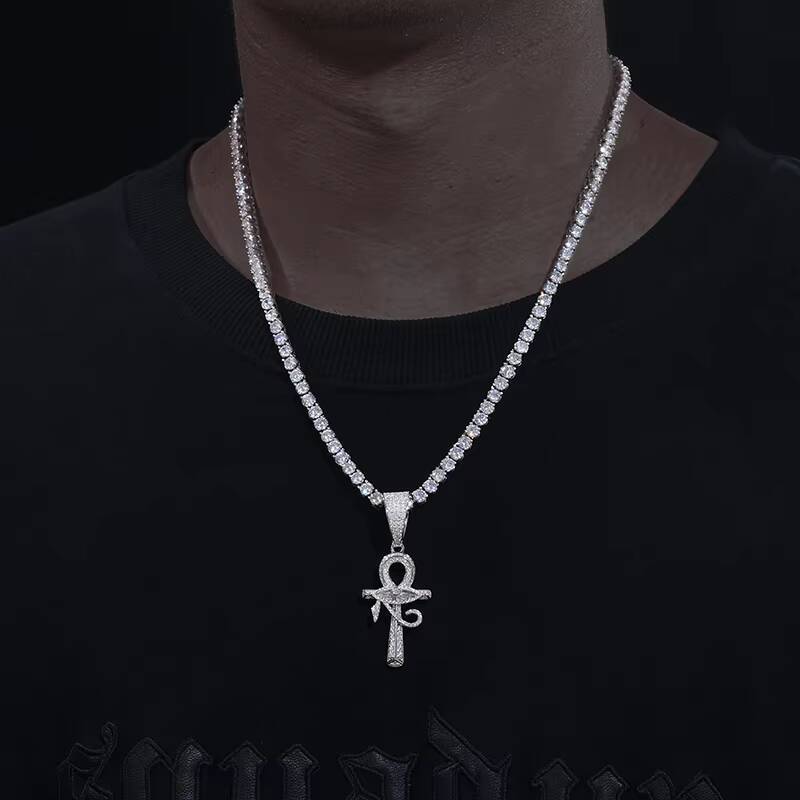Dropshipping High Quality Bling 925 Sterling Silver VVS Moissanite Diamond Iced Out Evil Eye Ankh Cross Pendant Necklace