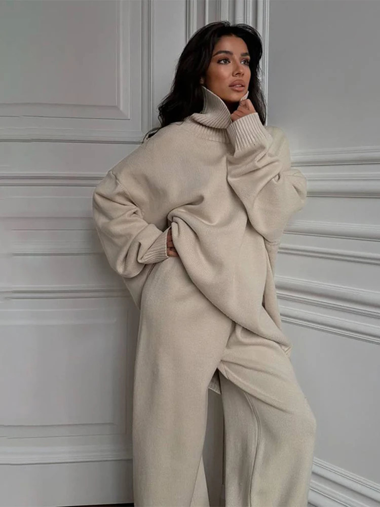 Women Oversize Slouchy Knit Co-ord Set Turtleneck Asymmetric Sweater Wide-Leg Pants 2025 Autumn Cozy Suit Daily Casual Lady Sets 251111