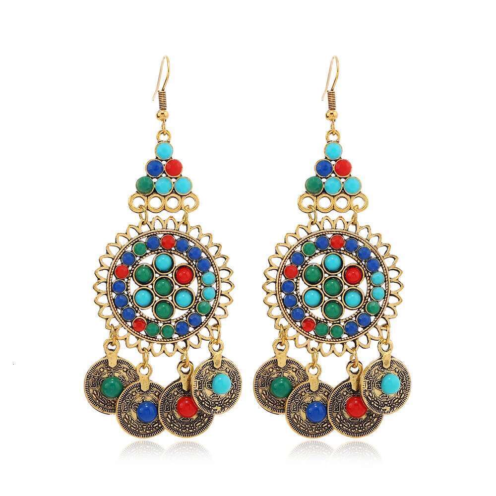 Vintage Afghan Gypsy Coin Headband Bracelet Earrings Sets Boho Colorful Rhinestone Round Hollowed Flower Turkish Female Jewelry