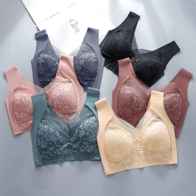 Womens lace bra perspective Bralette push up ice silk deep V sexy lingerie top plus size cup mom L5XL 250430