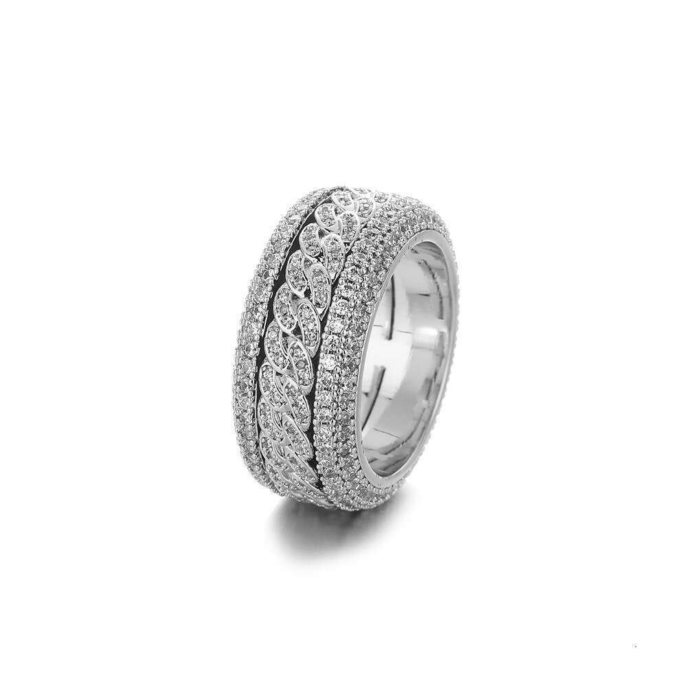 Trendy Electroplated Full Zirconia Rotatable Cuban Ring Hip Hop Geometric Unisex 2025 Summer Accessories