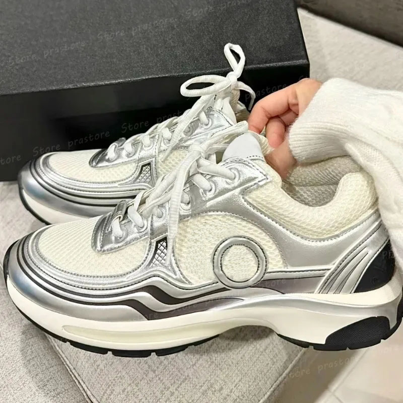 Designer Running Shoes Leather Sport Runner Lace Up Sneakers Shoe Gold Silver Metallic Flat Womans Trainer Calfskin eur35-42